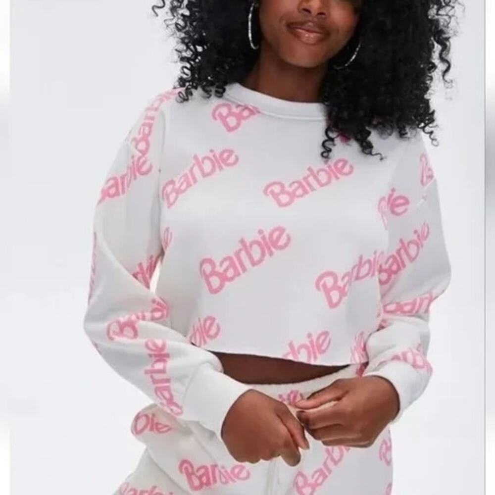 Barbie X Forever 21 Pink and Off-White Cropped Crew Neck Sweatshirt